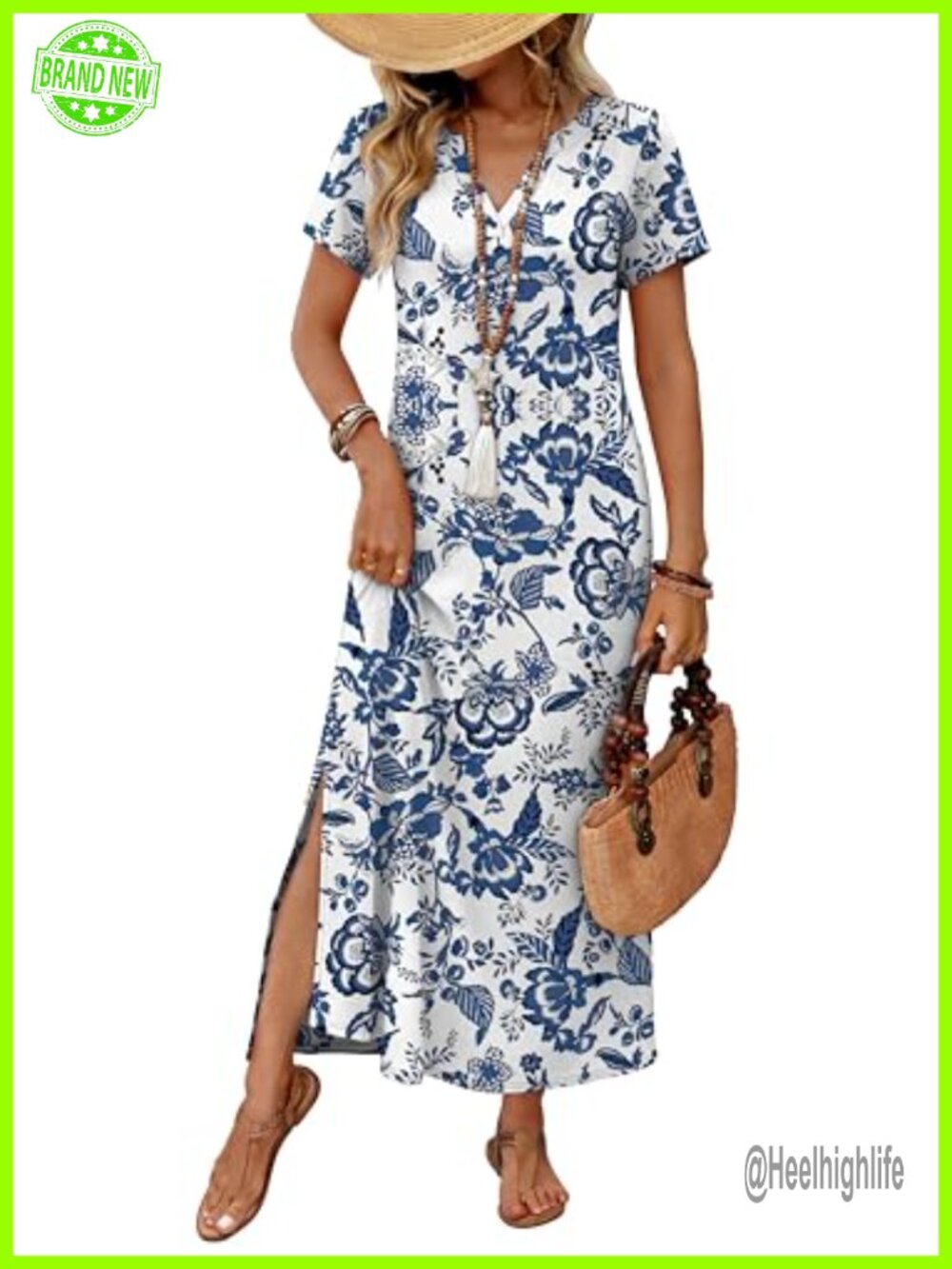 Maxi Dress with Pockets Short Sleeve V-Neck Side Slit Beach Vacation - Picture 2 of 7